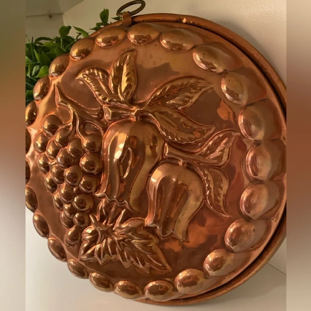 Copper Large Cake Jello Mold Tulip Flowers Grapes Tin Lined - w/Hook   Vintage